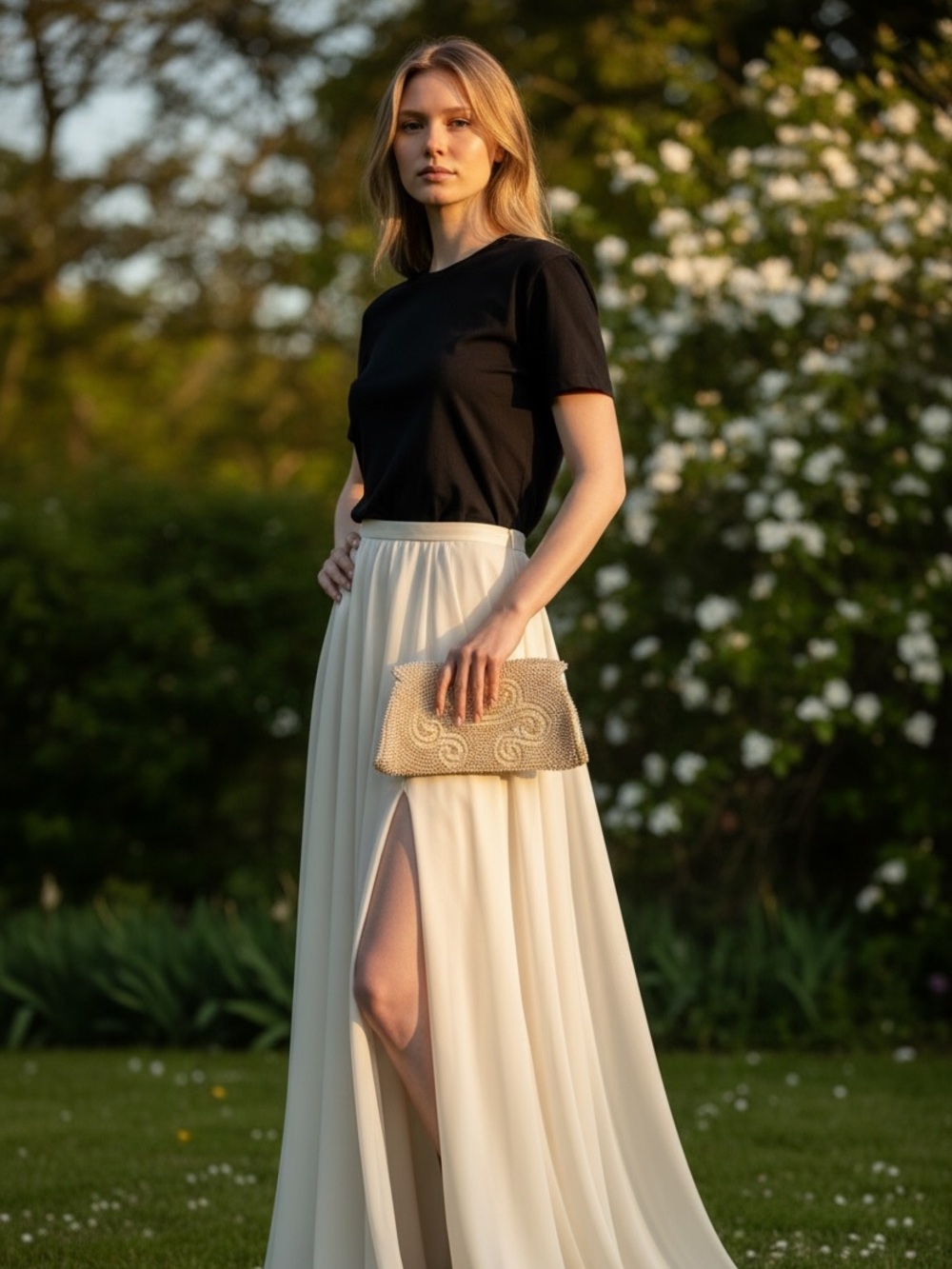 Pearl-Beaded Cream Evening Clutch